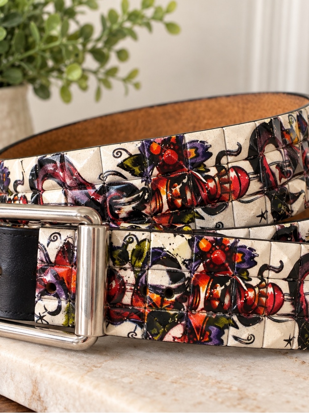 Men's Cream Floral-Print Leather Belt with Silver Buckle y2k tattoo tiled